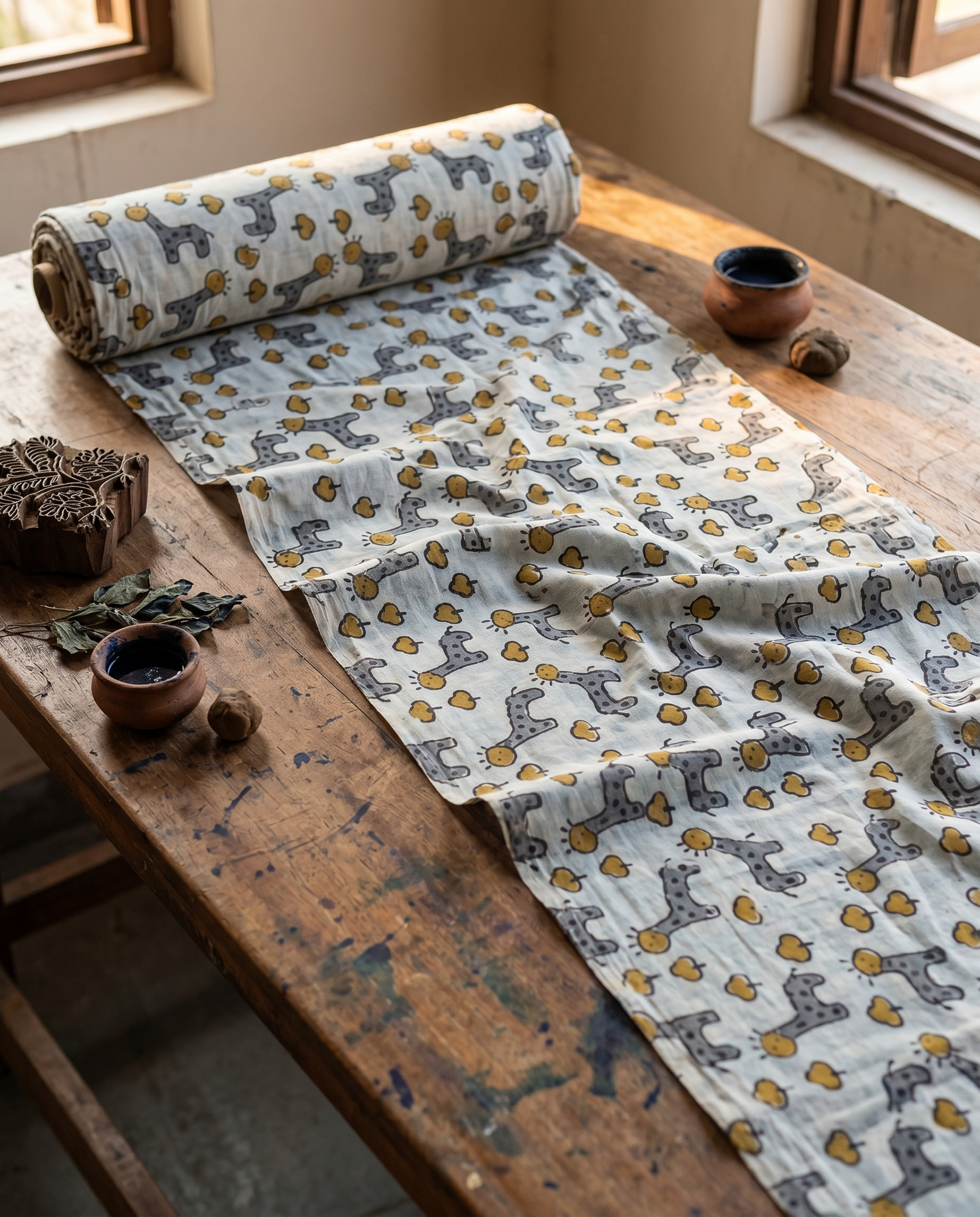 Bagru Daboo Block Print Cotton Fabric – Grey Giraffe Novelty