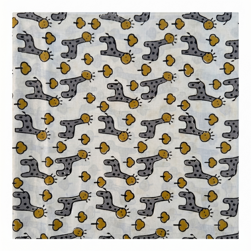 Bagru Daboo Block Print Cotton Fabric – Grey Giraffe Novelty
