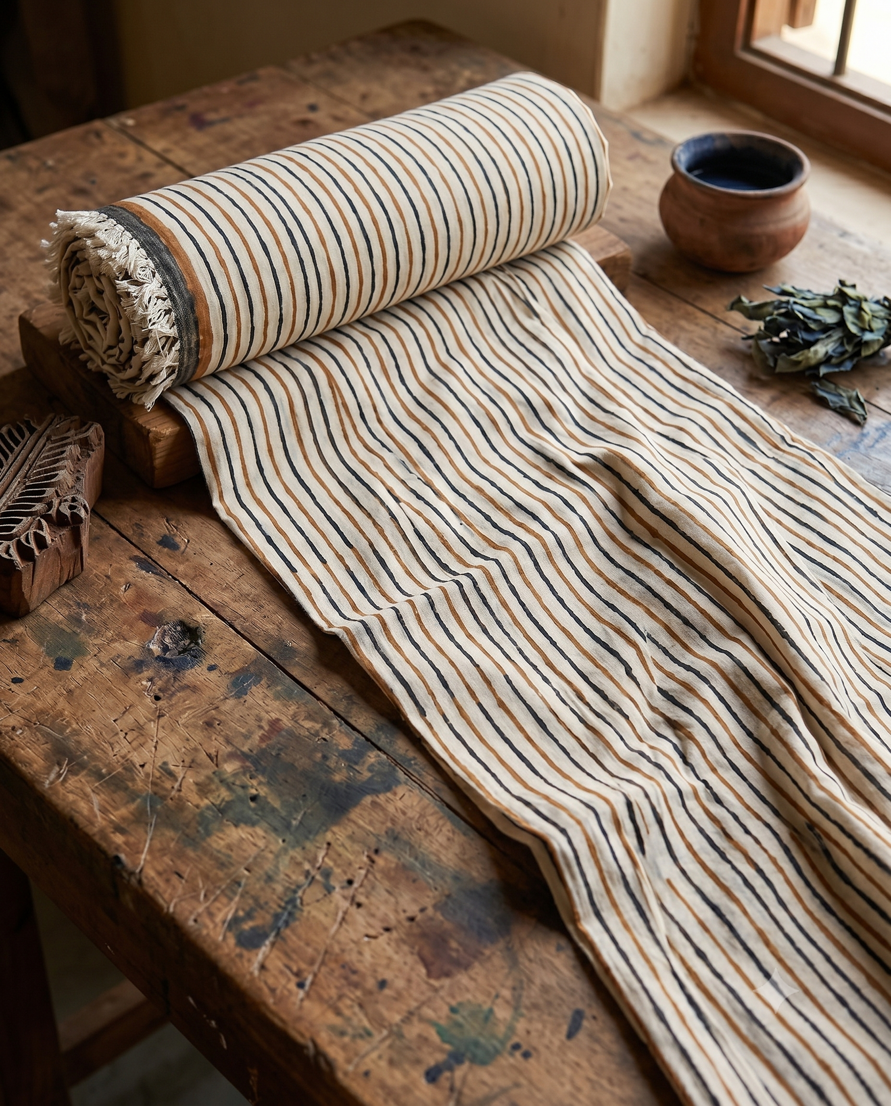 Bagru Daboo Block Print Cotton Fabric – Stripe