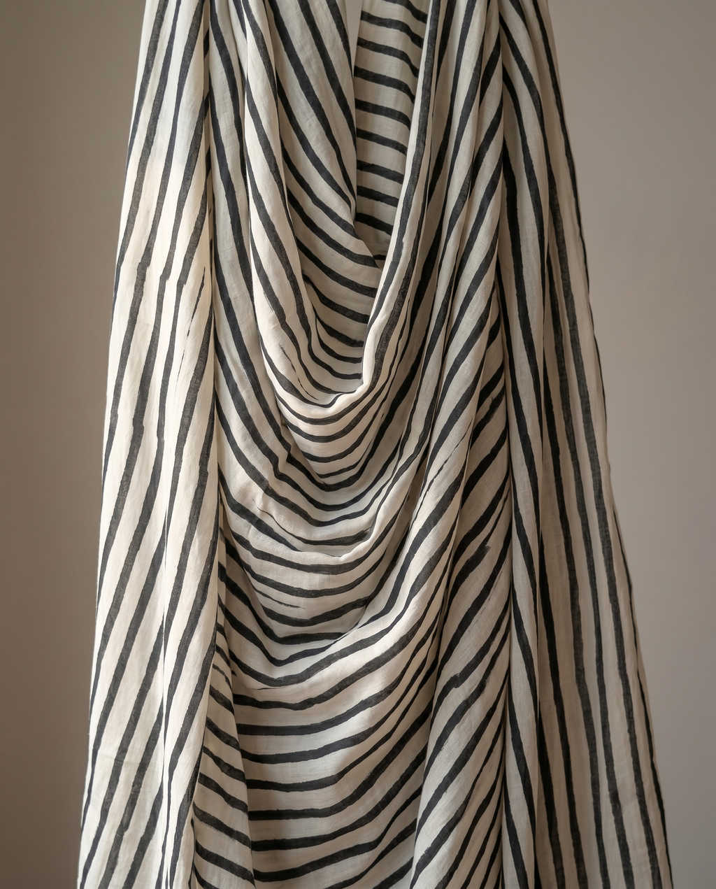 Bagru Daboo Block Print Cotton Fabric – Black & Cream Stripe
