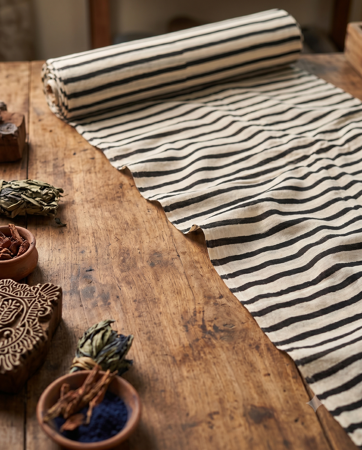 Bagru Daboo Block Print Cotton Fabric – Black & Cream Stripe