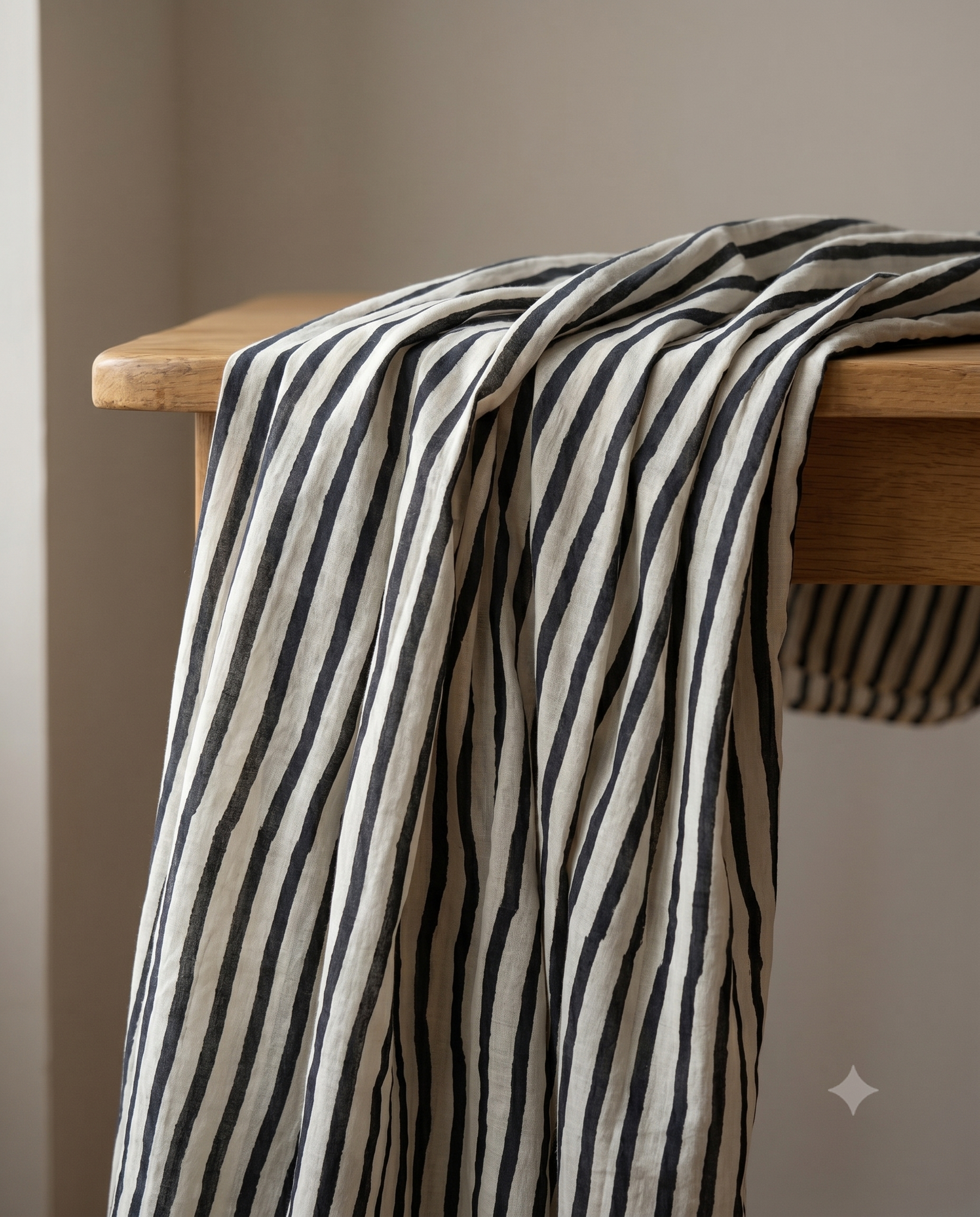 Bagru Daboo Block Print Cotton Fabric – Black & Cream Stripe