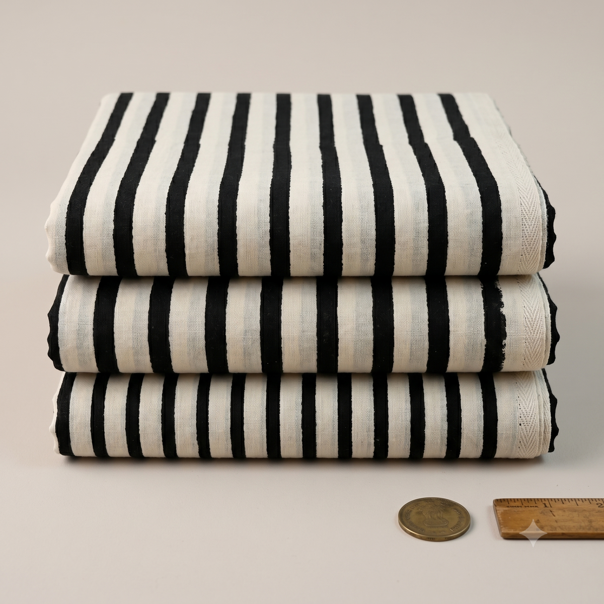 Bagru Daboo Block Print Cotton Fabric – Black & Cream Stripe