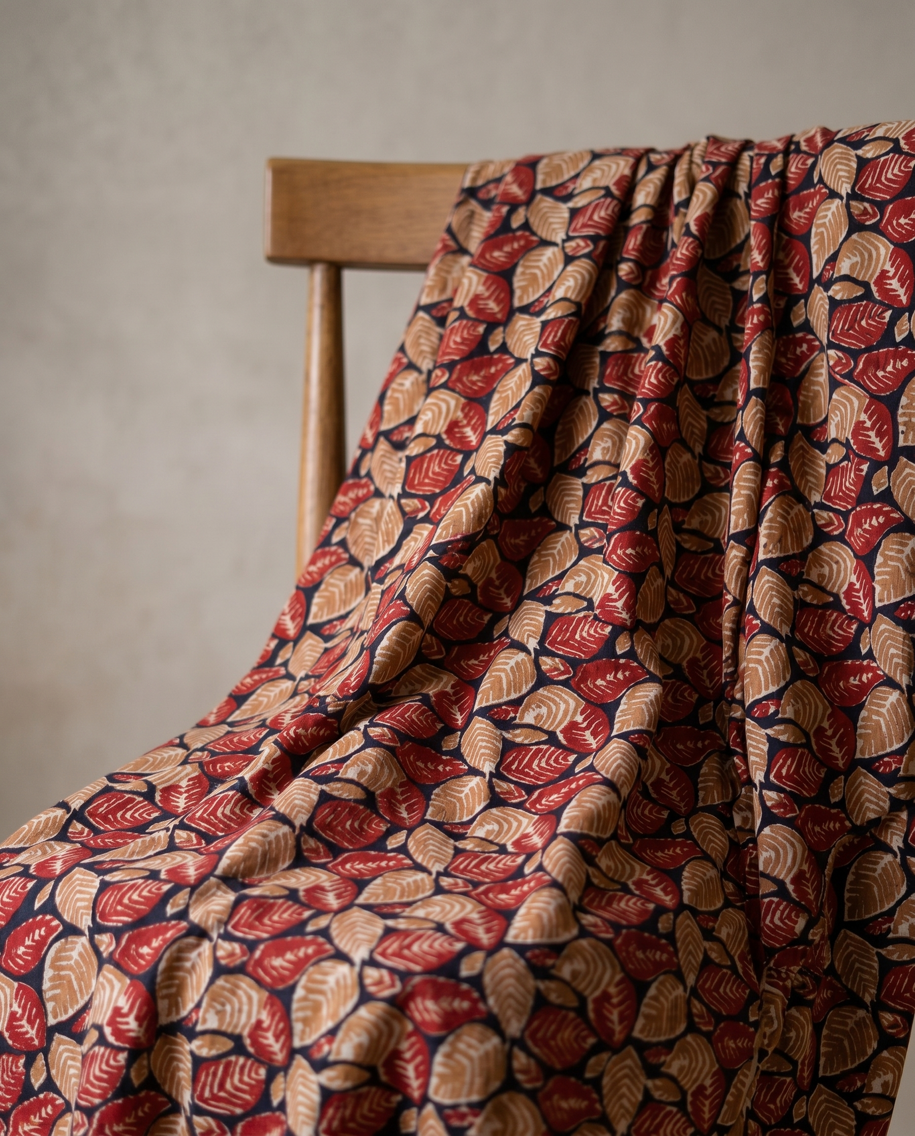 Bagru Daboo Block Print Cotton Fabric – Navy & Red Leaf