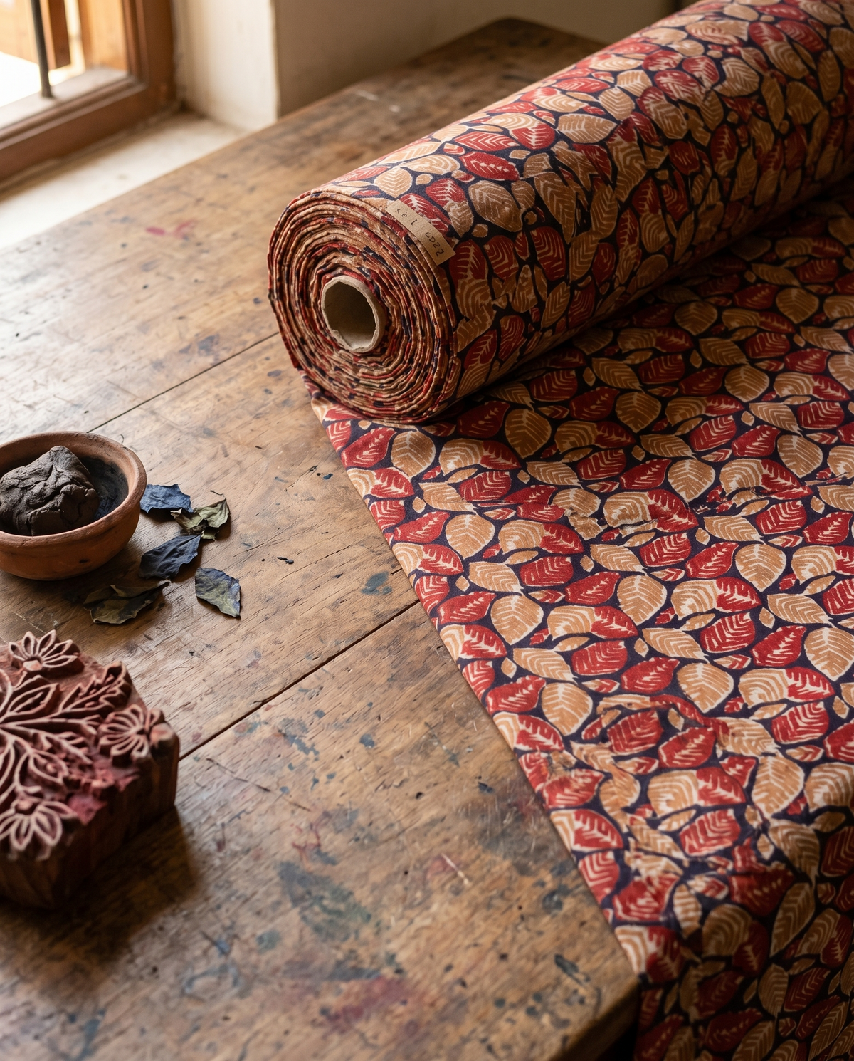 Bagru Daboo Block Print Cotton Fabric – Navy & Red Leaf