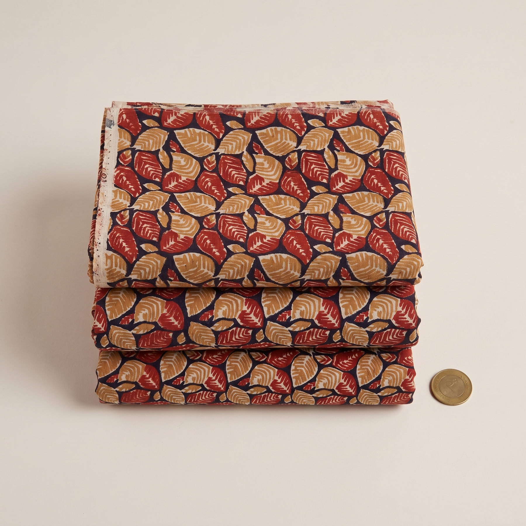 Bagru Daboo Block Print Cotton Fabric – Navy & Red Leaf