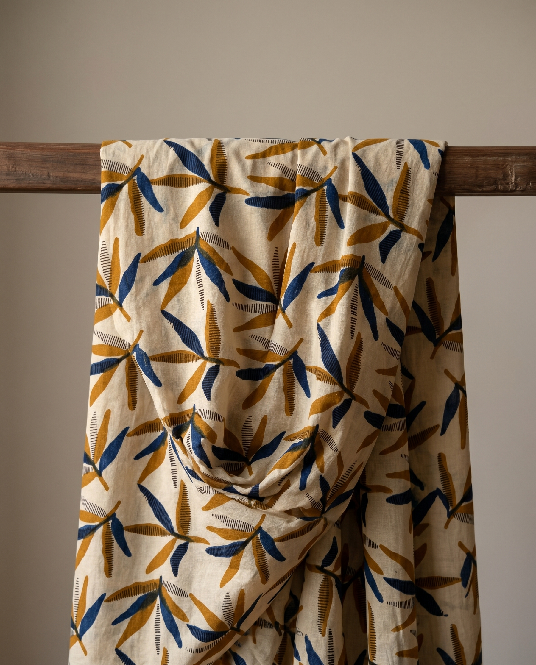 Bagru Daboo Block Print Cotton Fabric – Cream & Blue Leaf