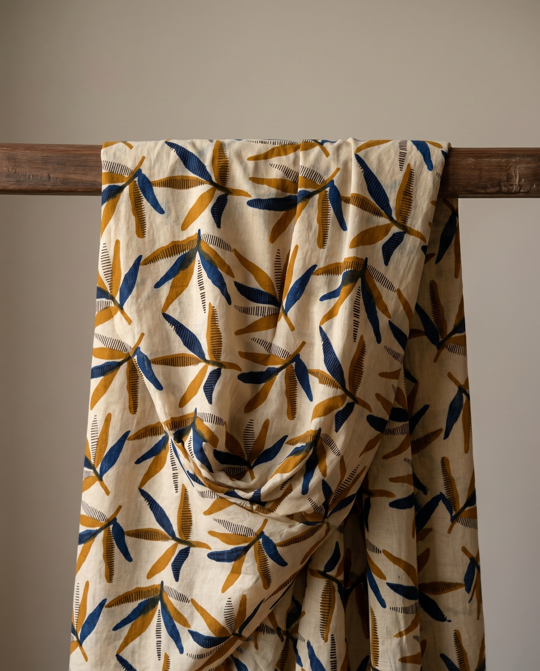 Bagru Daboo Block Print Cotton Fabric – Cream & Blue Leaf
