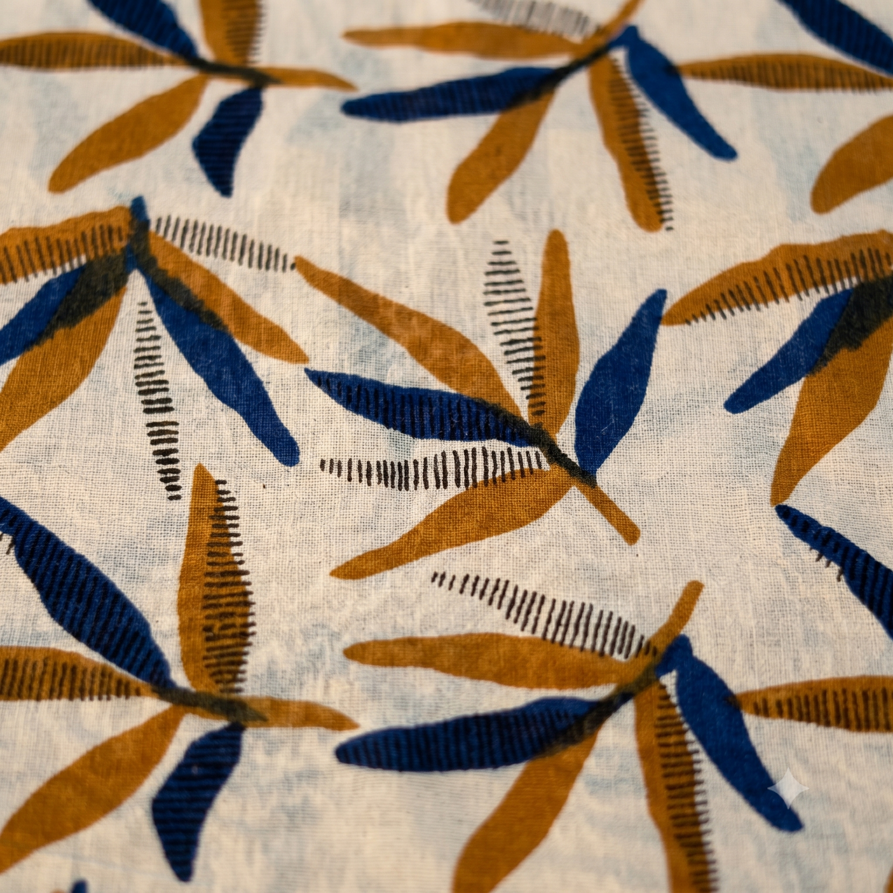 Bagru Daboo Block Print Cotton Fabric – Cream & Blue Leaf