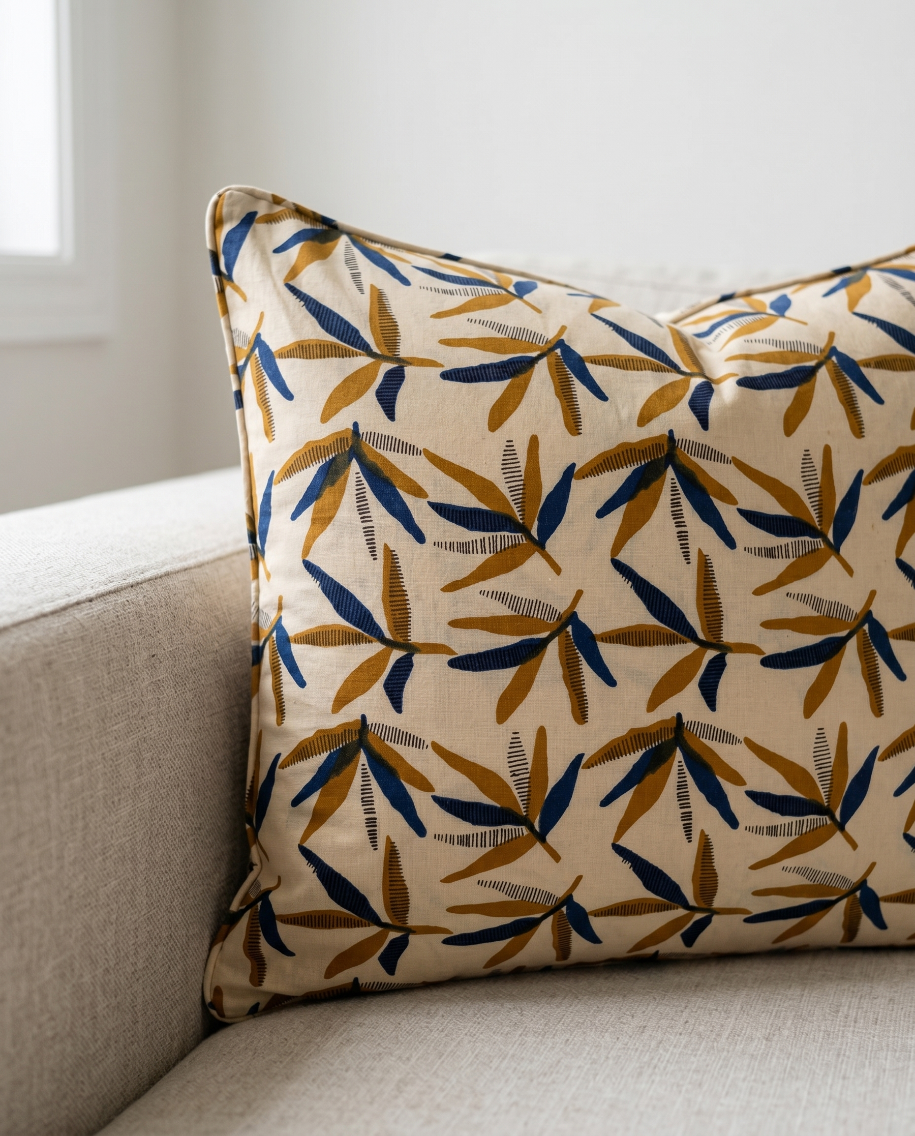 Bagru Daboo Block Print Cotton Fabric – Cream & Blue Leaf