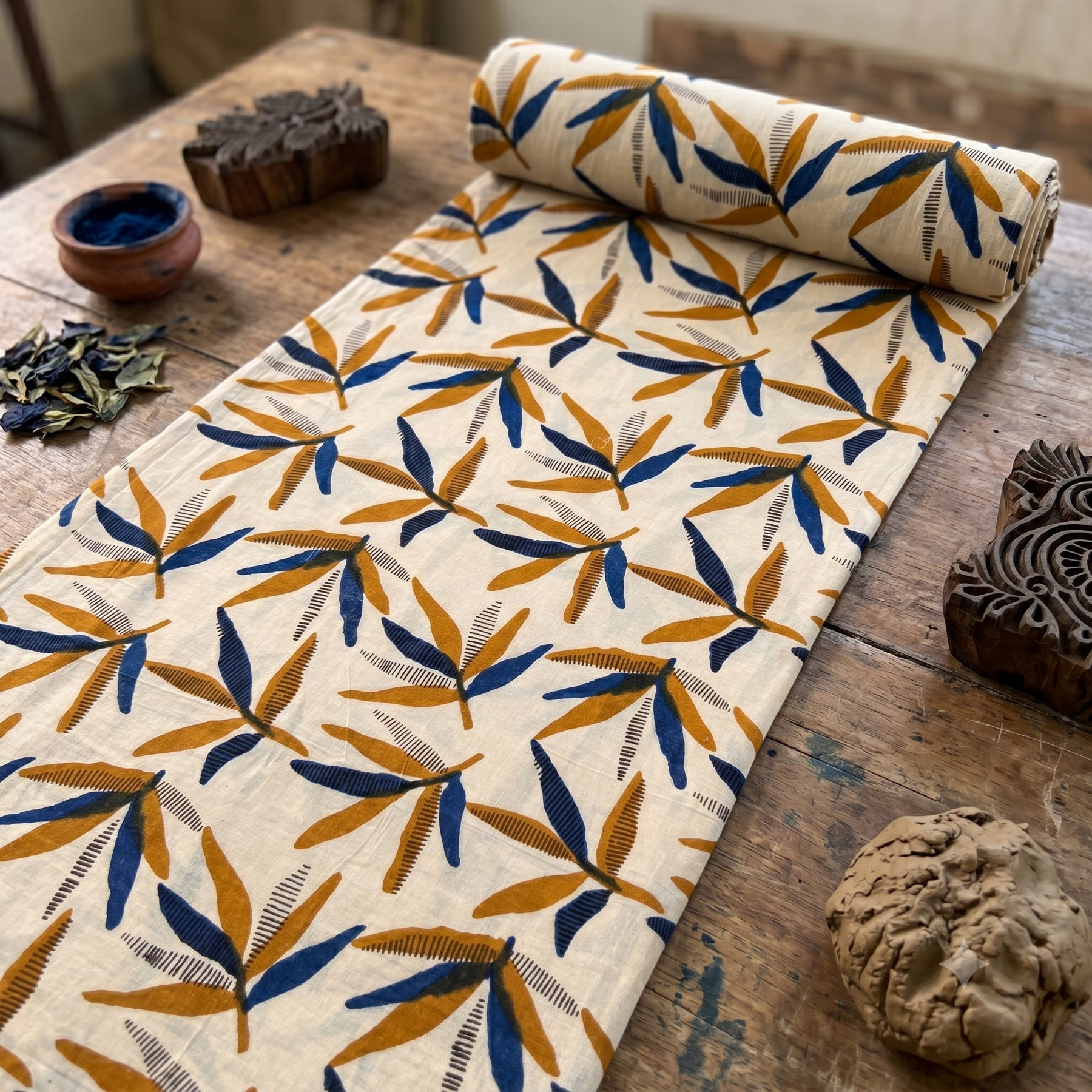 Bagru Daboo Block Print Cotton Fabric – Cream & Blue Leaf