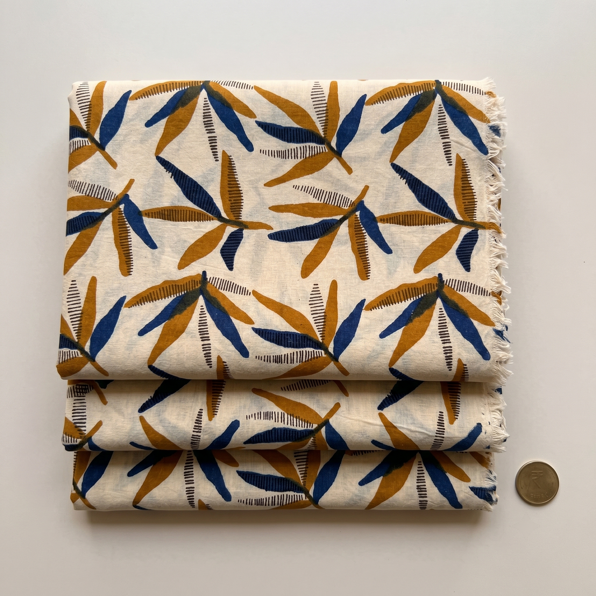 Bagru Daboo Block Print Cotton Fabric – Cream & Blue Leaf