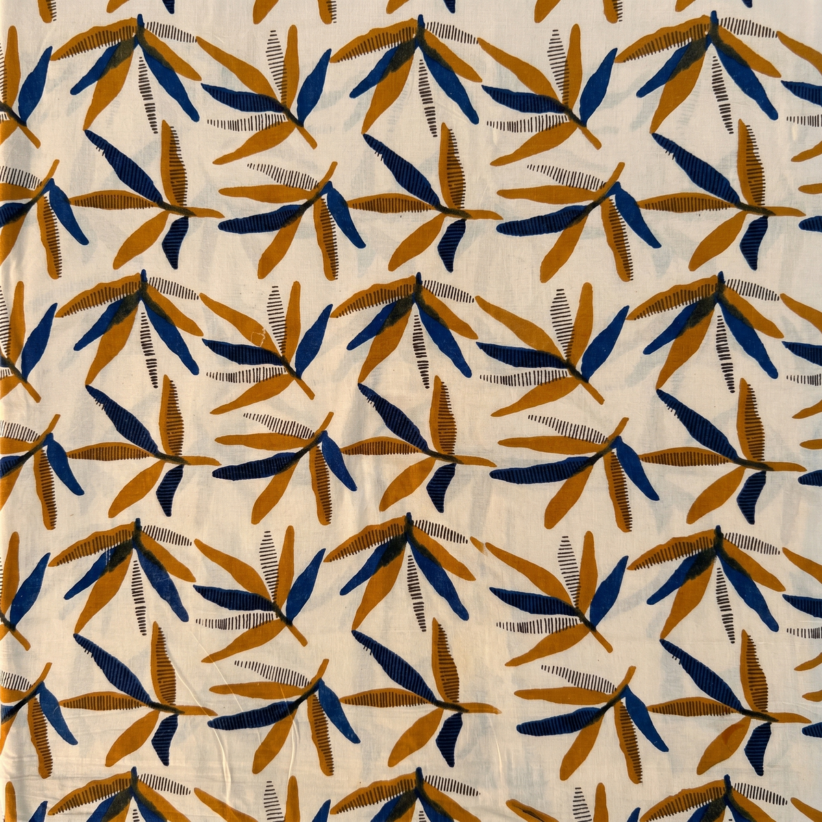 Bagru Daboo Block Print Cotton Fabric – Cream & Blue Leaf