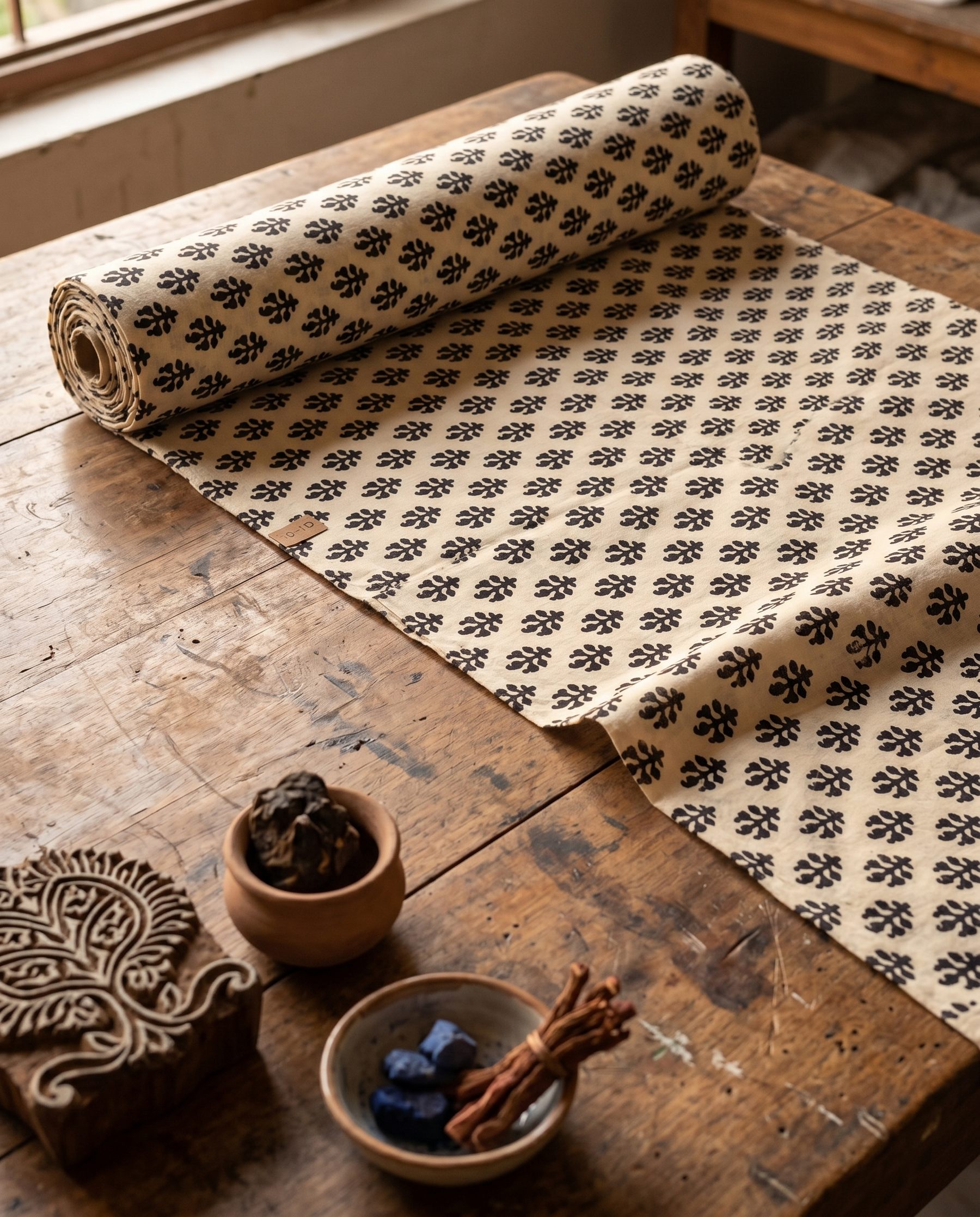 Bagru Daboo Block Print Cotton Fabric – Ivory & Black Buti