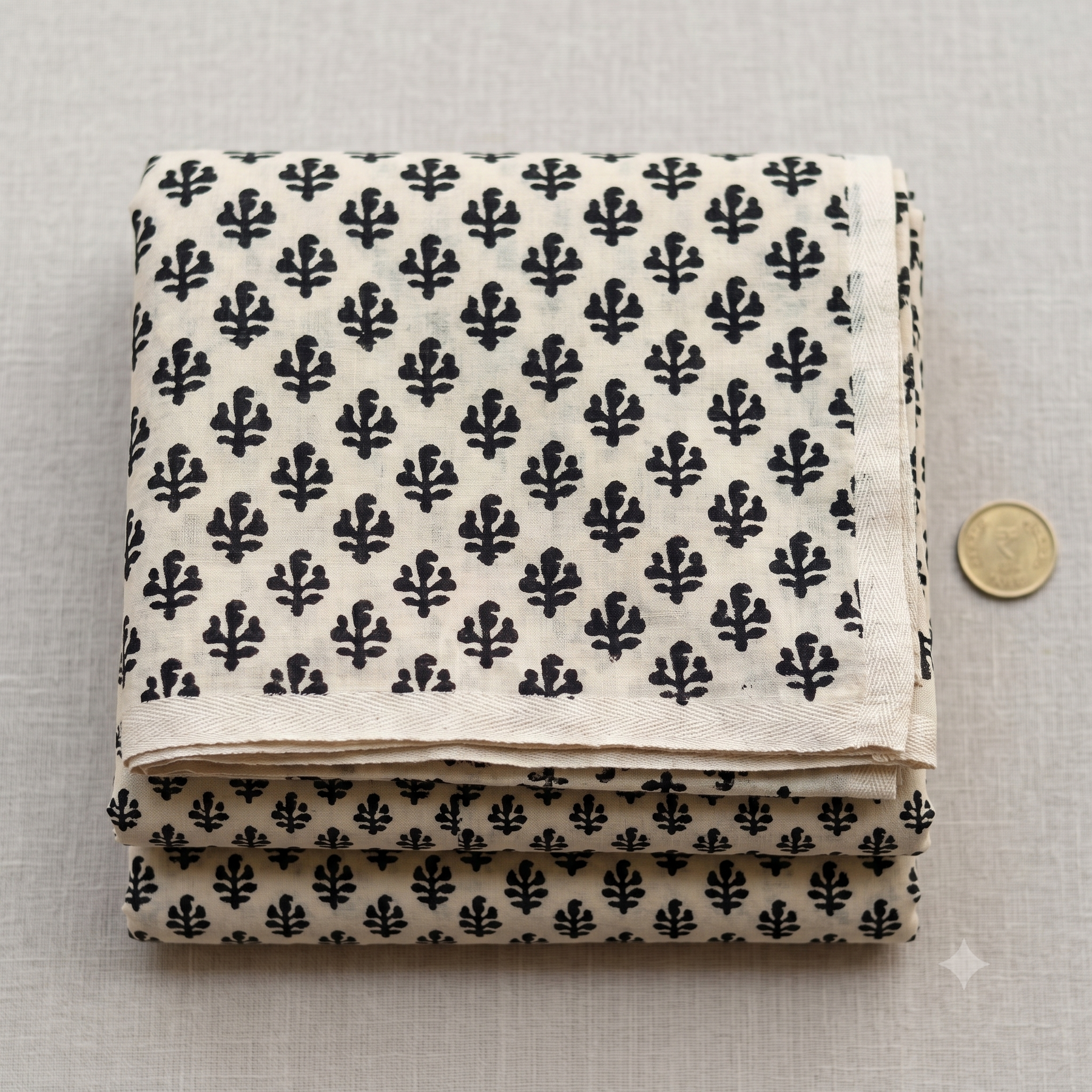 Bagru Daboo Block Print Cotton Fabric – Ivory & Black Buti