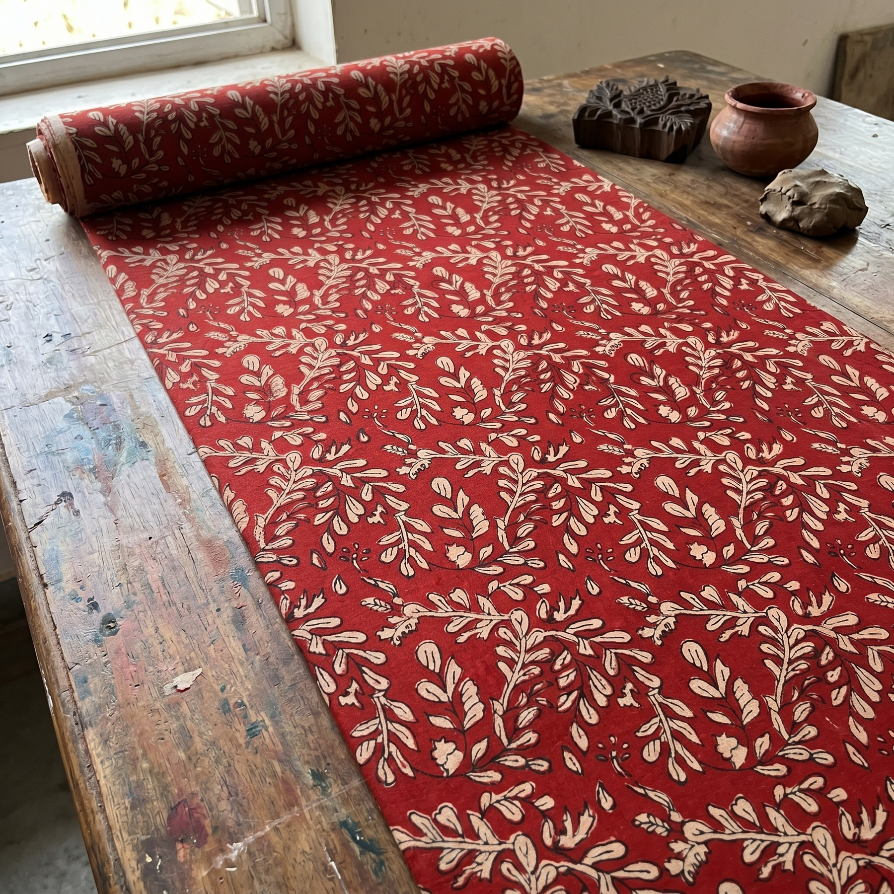 Bagru Daboo Block Print Cotton Fabric – Madder Red Vine