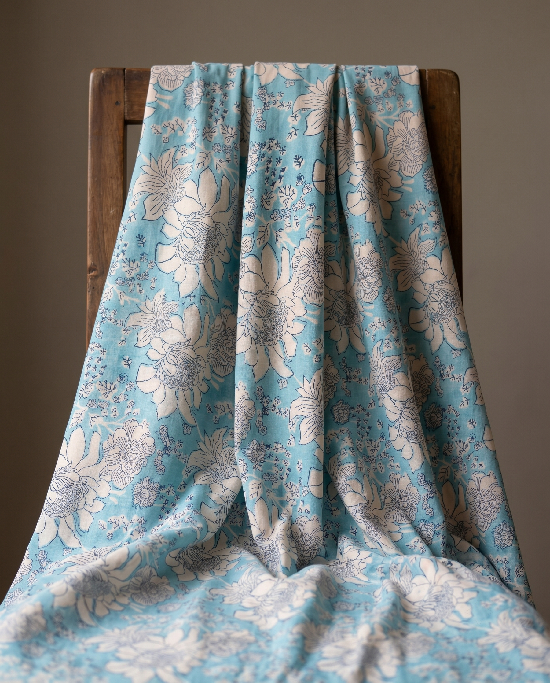 Sanganer Block Print Cotton Fabric by the Yard – Aqua & Cream Floral