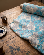 Sanganer Block Print Cotton Fabric by the Yard – Aqua & Cream Floral