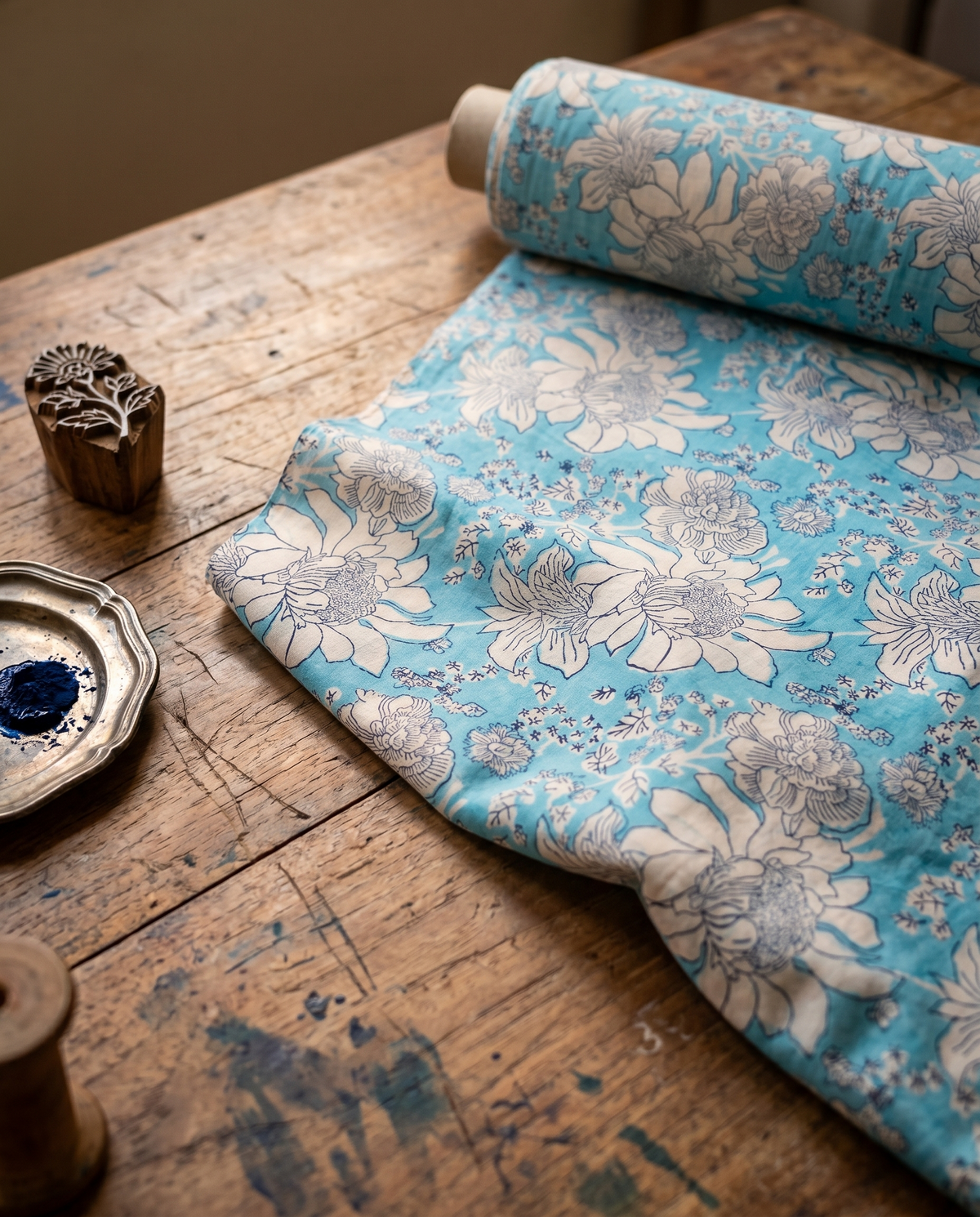 Sanganer Block Print Cotton Fabric by the Yard – Aqua & Cream Floral