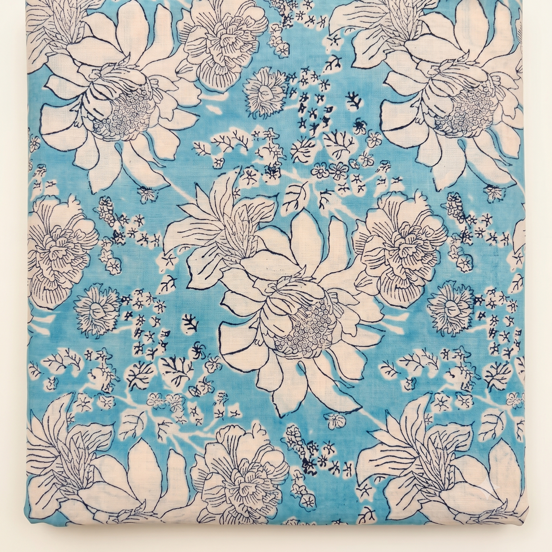 Sanganer Block Print Cotton Fabric by the Yard – Aqua & Cream Floral
