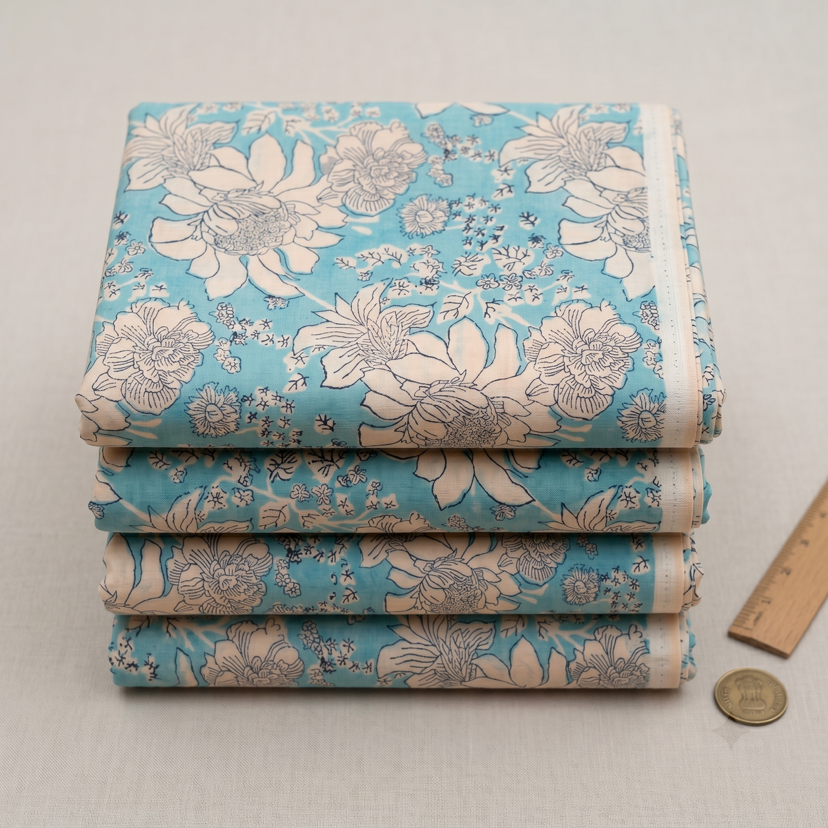 Sanganer Block Print Cotton Fabric by the Yard – Aqua & Cream Floral