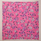 Pink and purple hand block print cotton napkin laid flat, full print visible