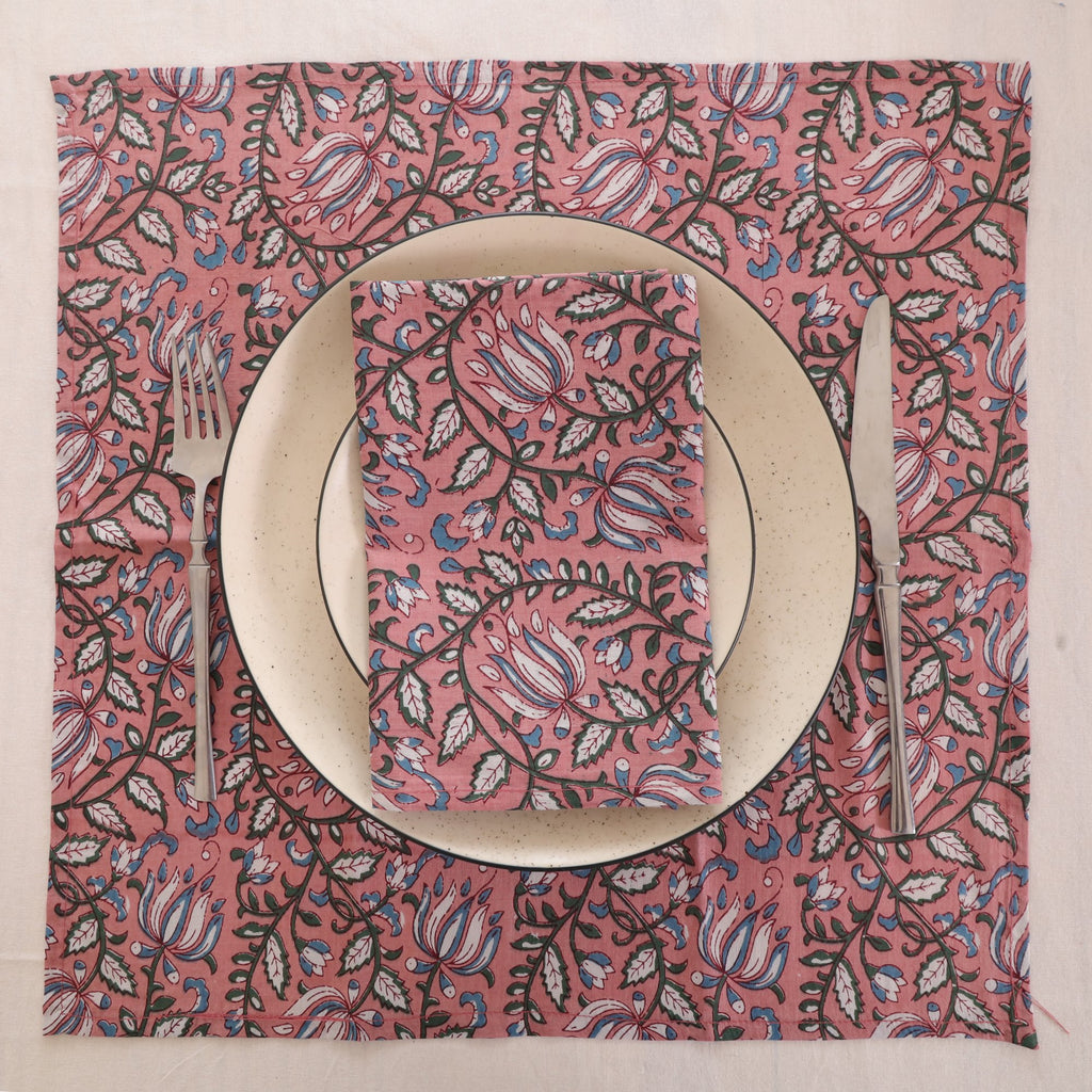 Dusty rose block print napkin set as a place setting with plate and cutlery