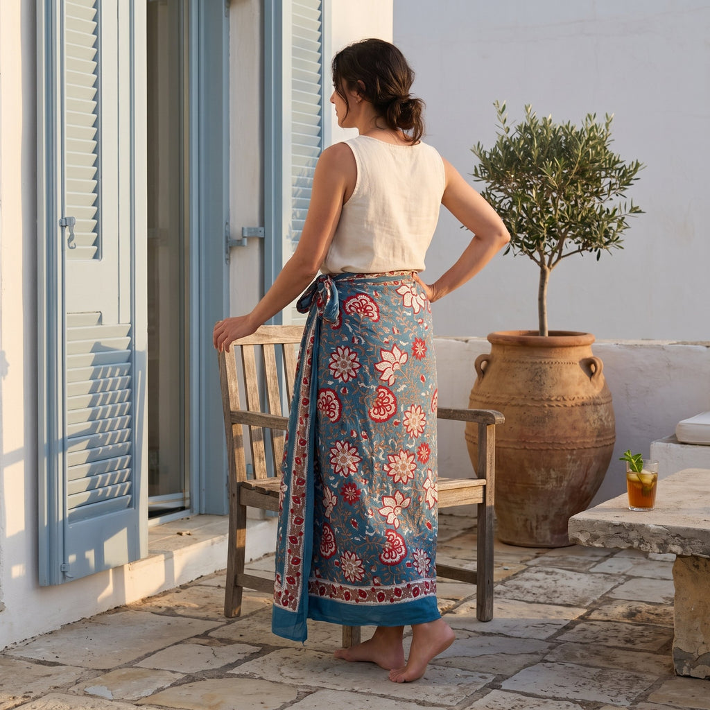 Model wearing a slate and coral floral block print sarong as a wrap skirt in a courtyard