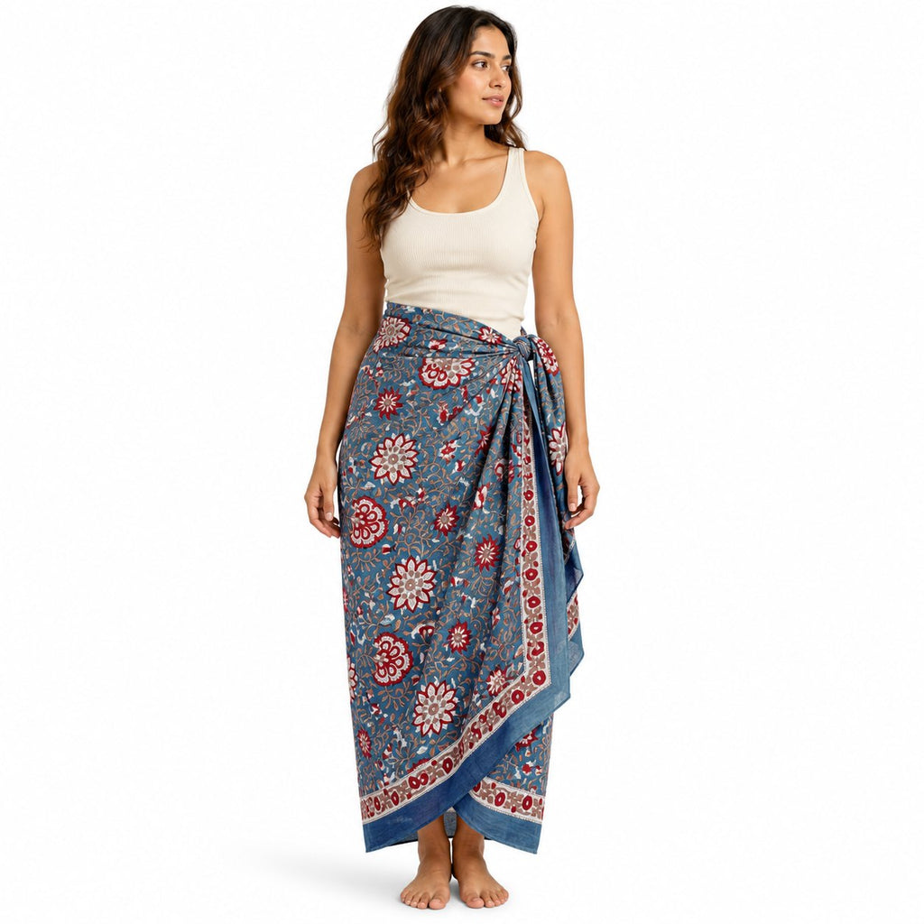 Slate and coral floral block print cotton sarong tied as a wrap skirt