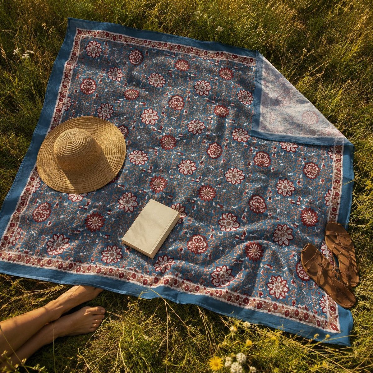 Slate and coral block print sarong laid flat on grass, full cloth and border