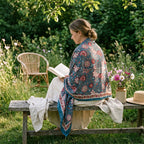 Slate and coral block print sarong worn as a shawl in a garden