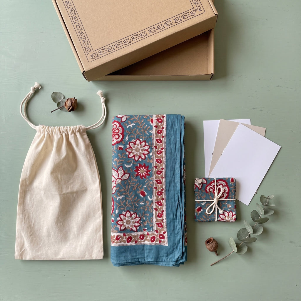 Slate and coral block print sarong folded with its cotton bag and packaging