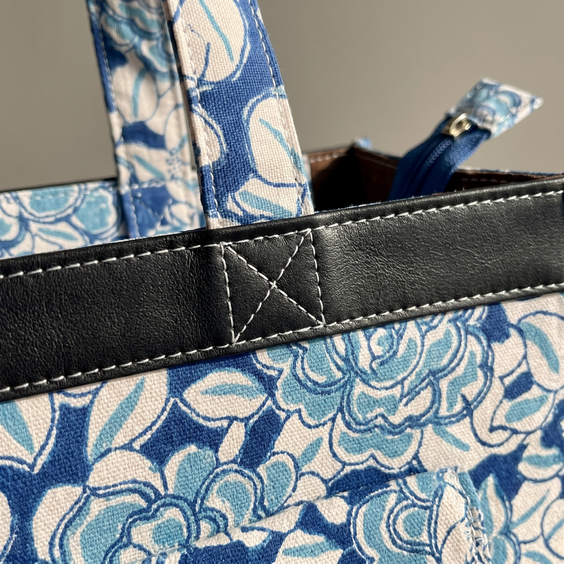 Blue & Cream Floral Hand Block Print Cotton Tote Bag