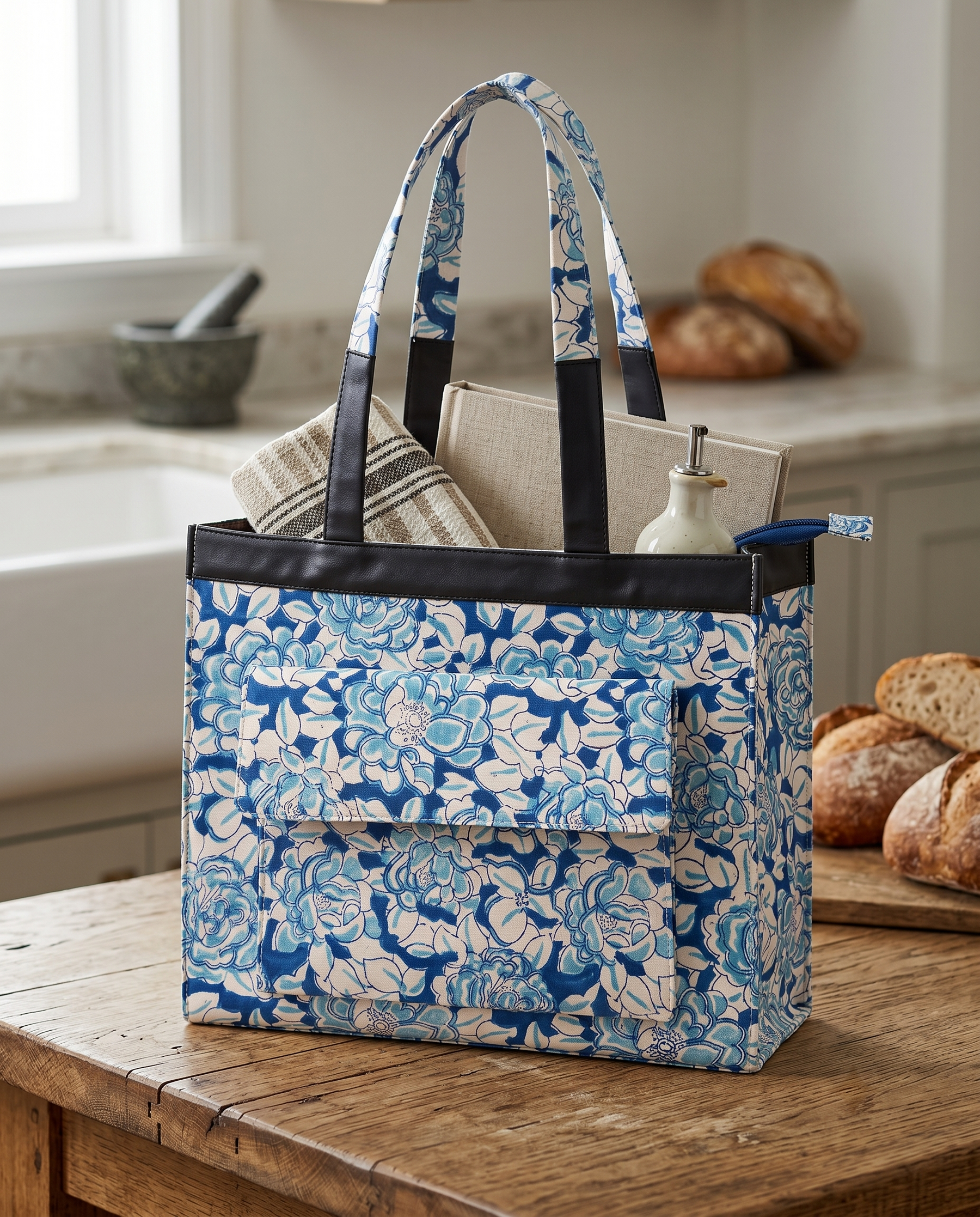 Blue & Cream Floral Hand Block Print Cotton Tote Bag
