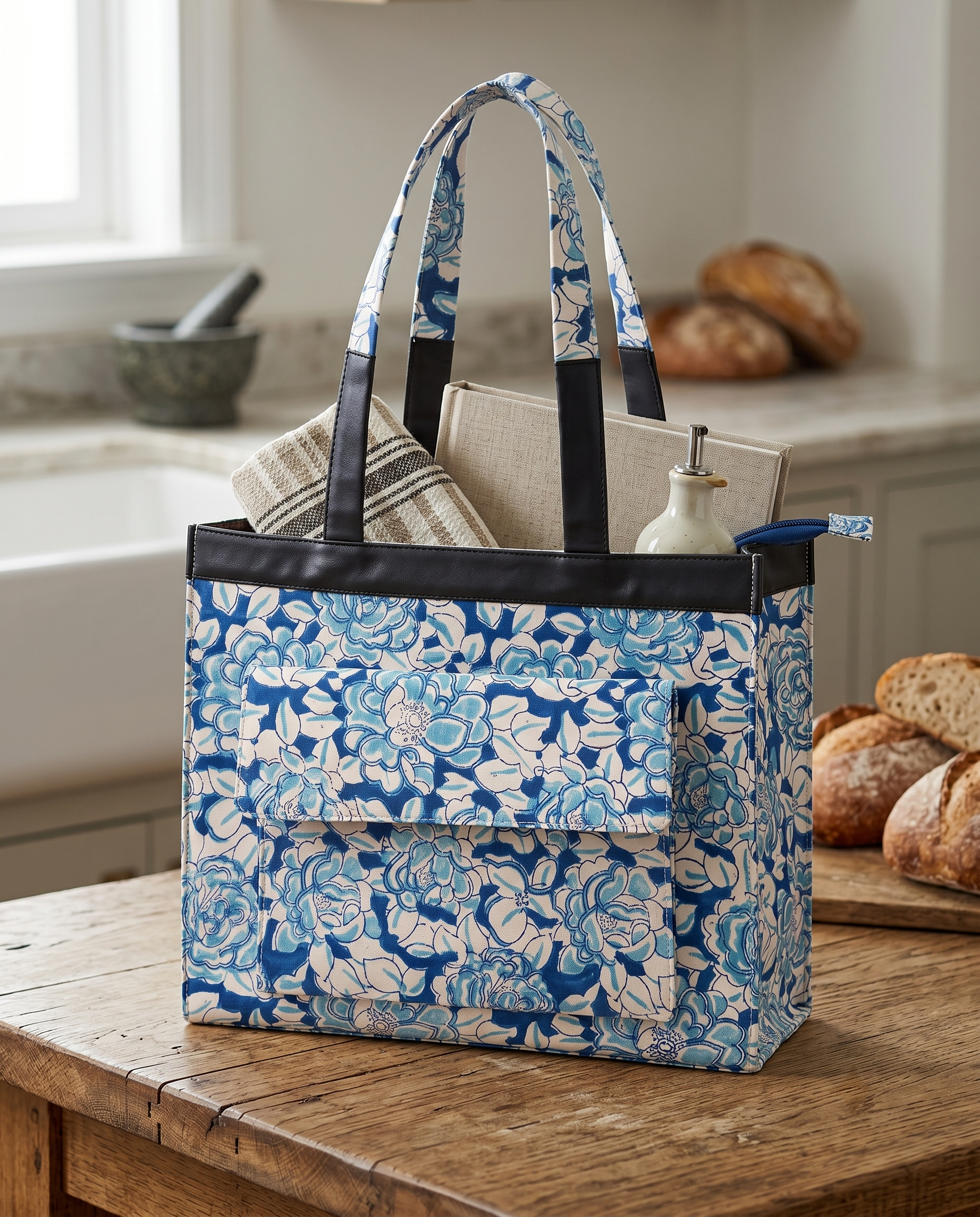 Blue & Cream Floral Hand Block Print Cotton Tote Bag