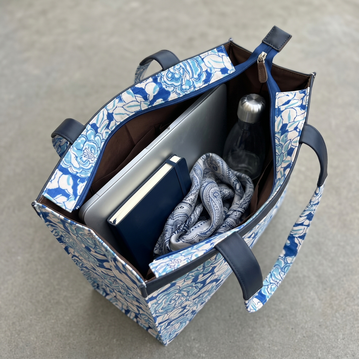 Blue & Cream Floral Hand Block Print Cotton Tote Bag