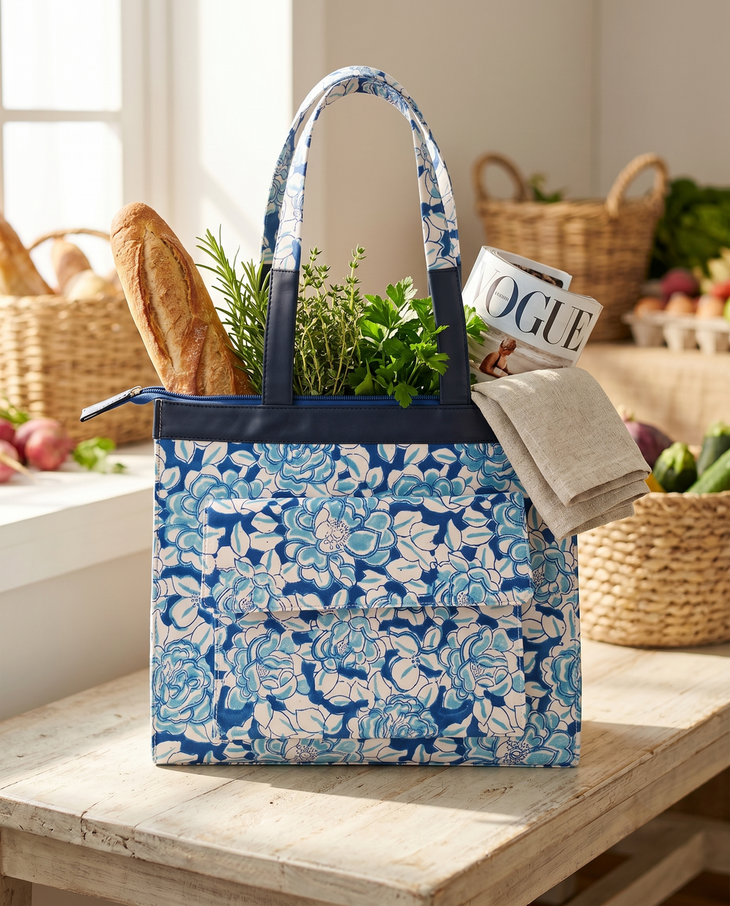 Blue & Cream Floral Hand Block Print Cotton Tote Bag