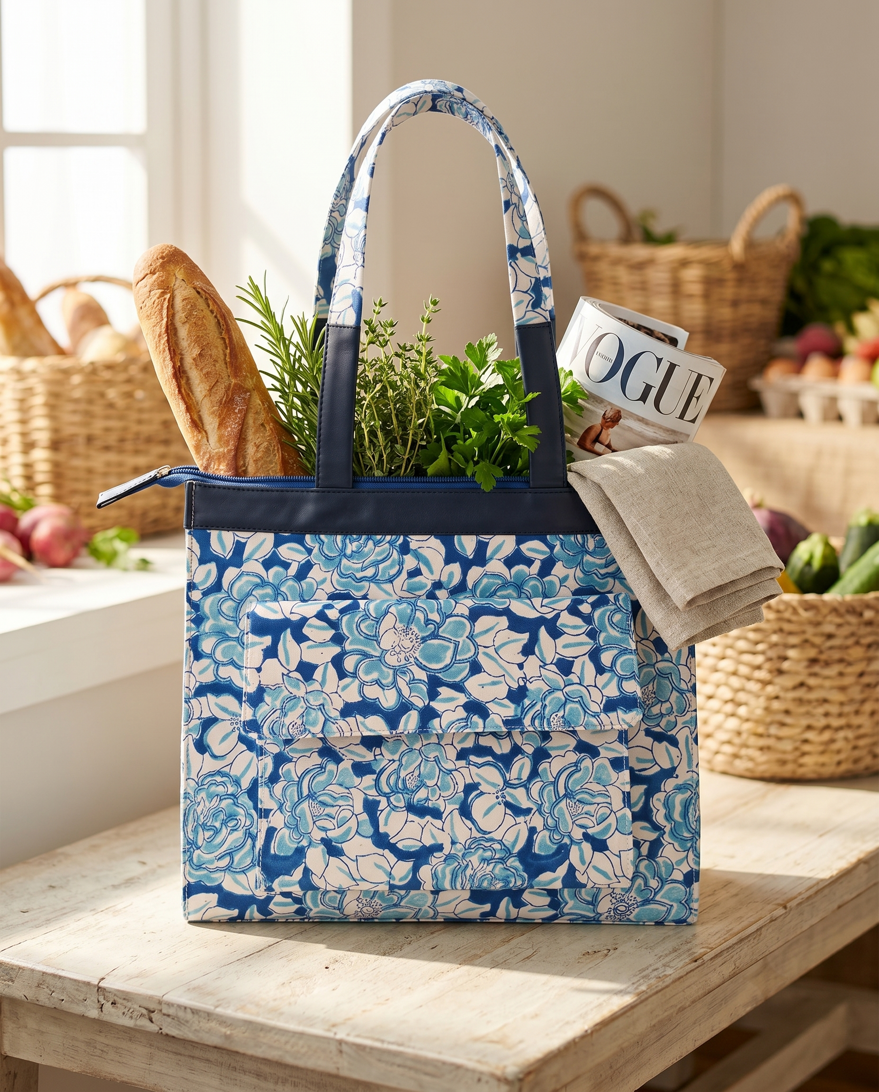 Blue & Cream Floral Hand Block Print Cotton Tote Bag