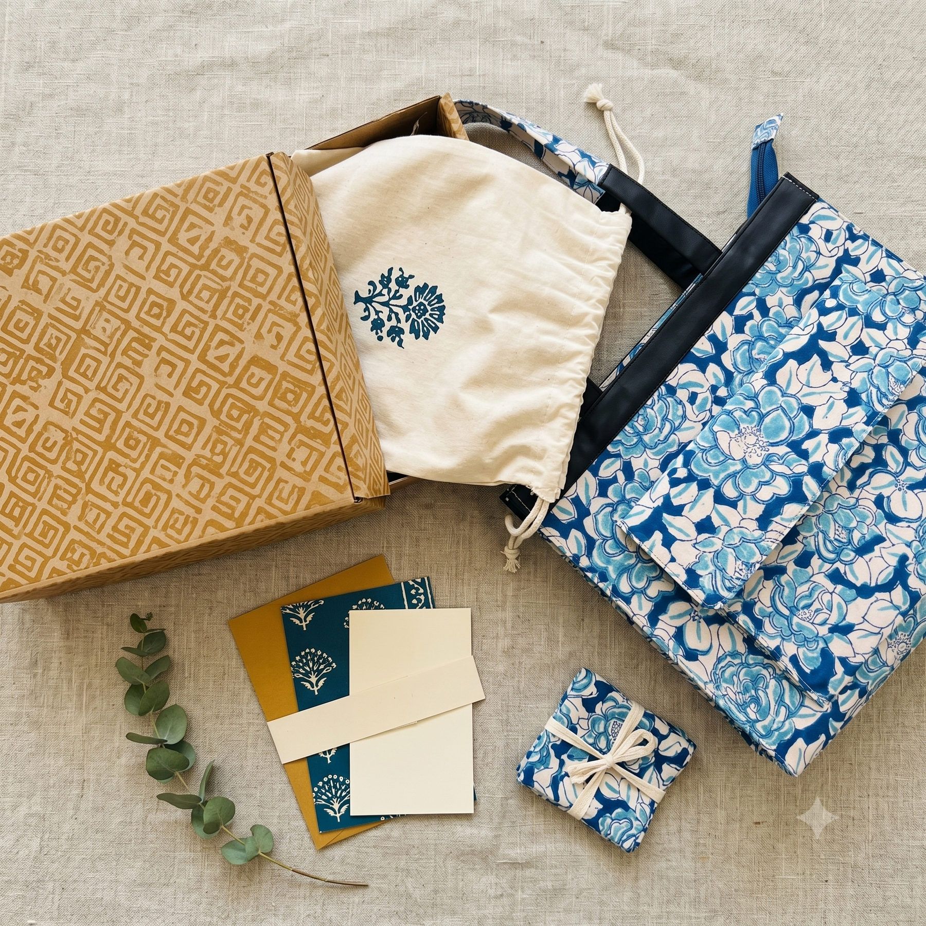 Blue & Cream Floral Hand Block Print Cotton Tote Bag