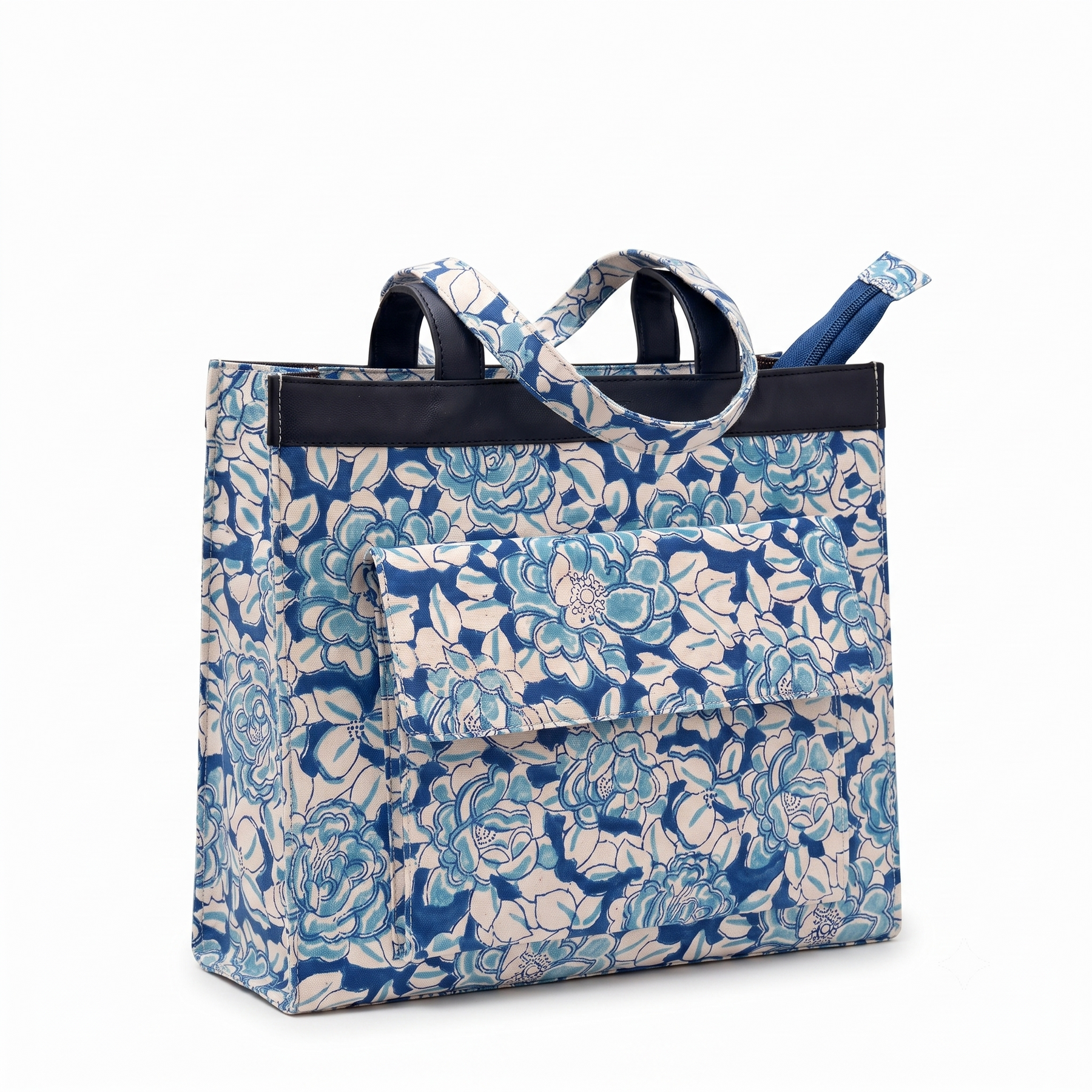 Blue & Cream Floral Hand Block Print Cotton Tote Bag