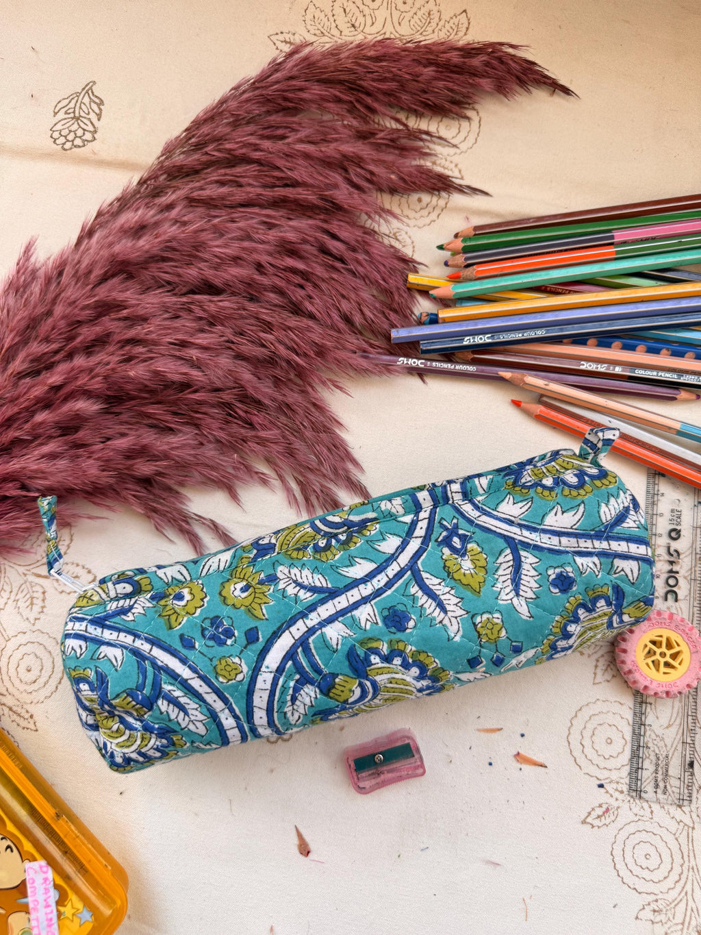 Hand Block Print Pencil Case, Cotton Stationery Pouch, Handmade Zipper Bag, Unique Gift for Students