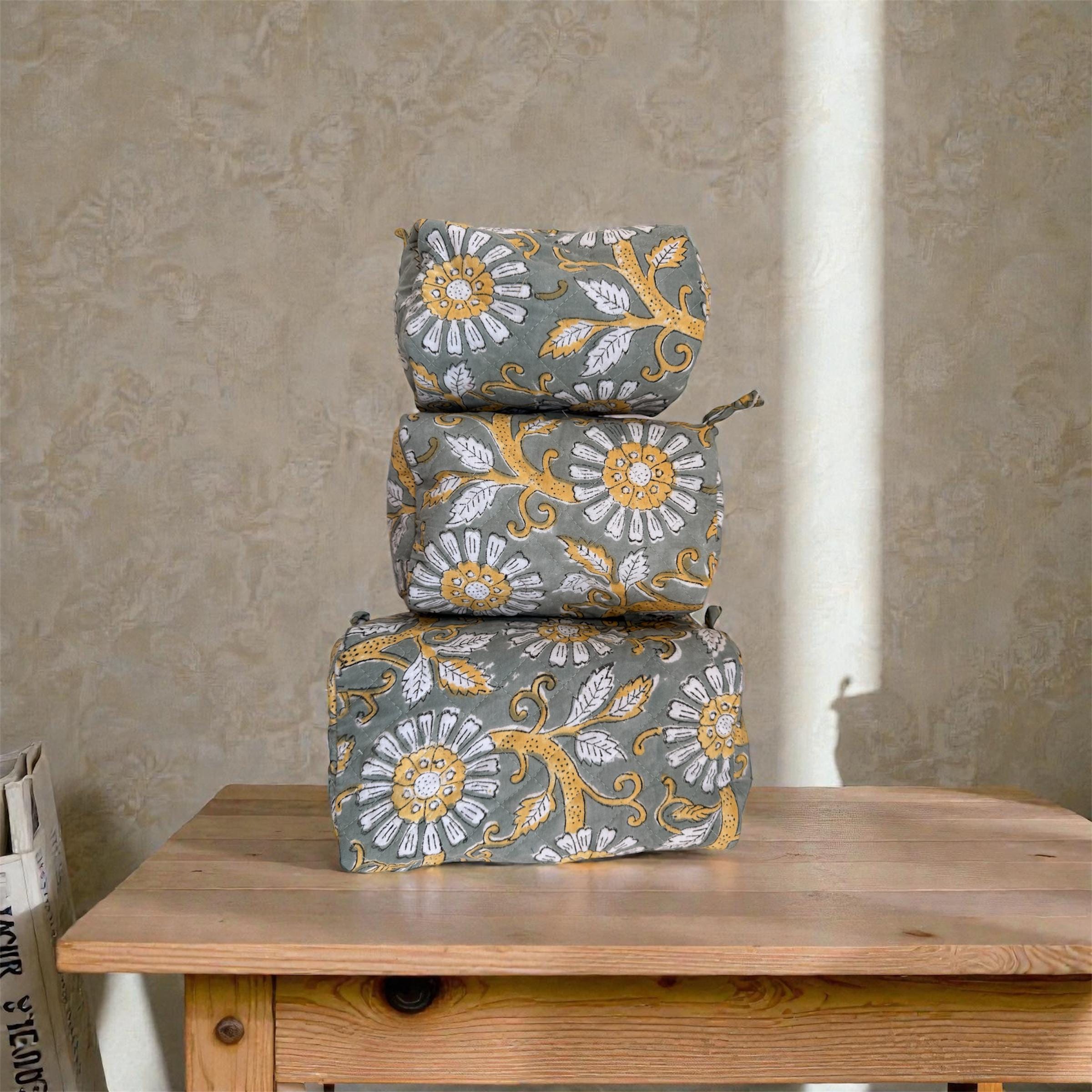 Hand Block Print Cotton Cosmetic Bag, Handmade Travel Pouch, Toiletry Organizer, Unique Handmade Gift