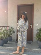 Hand Block Print Cotton Waffle Robe, Floral Kimono Loungewear