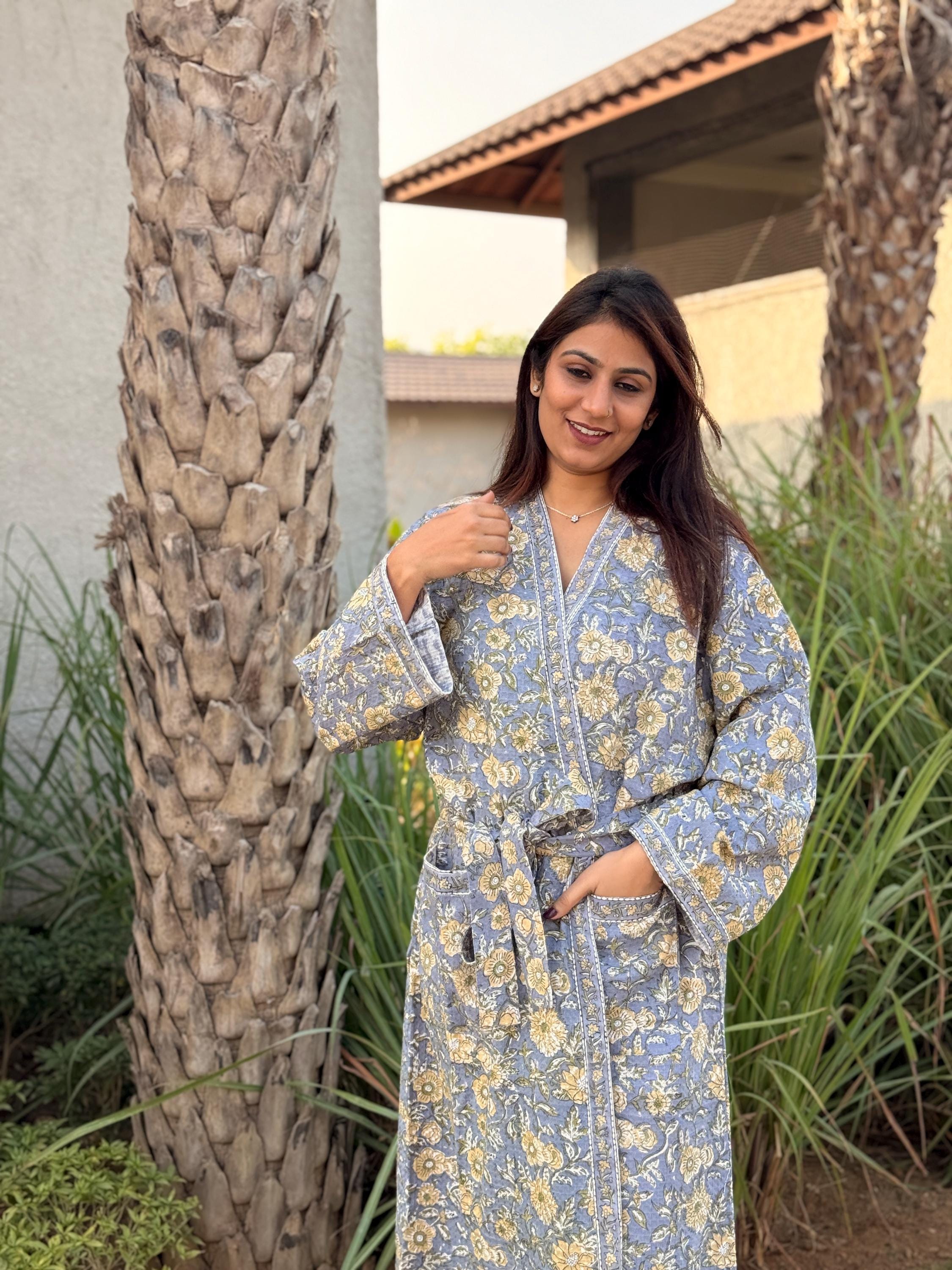 Hand Block Print Cotton Waffle Robe, Floral Kimono Loungewear