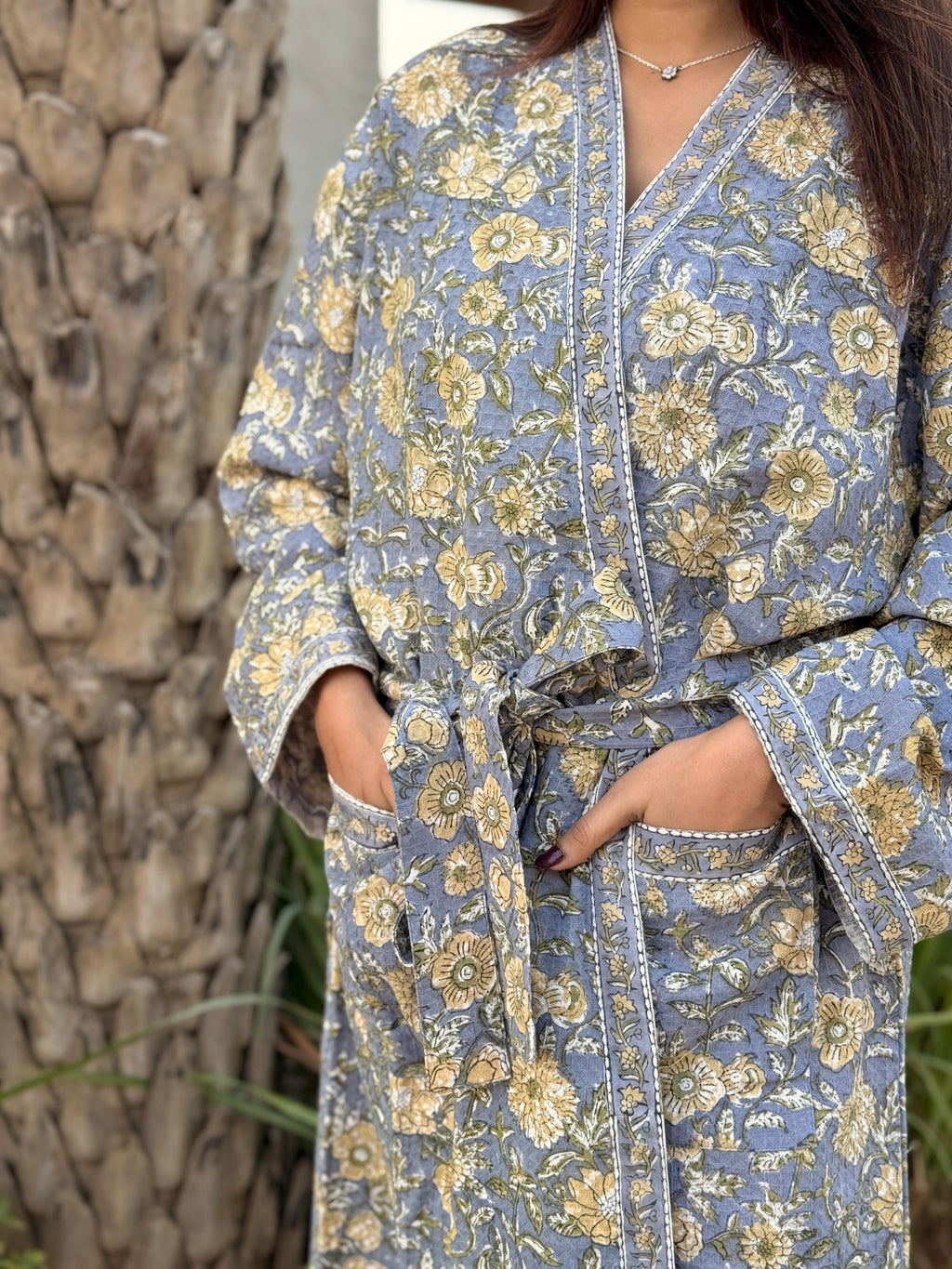 Hand Block Print Cotton Waffle Robe, Floral Kimono Loungewear