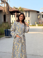 Hand Block Print Cotton Waffle Robe, Floral Kimono Loungewear