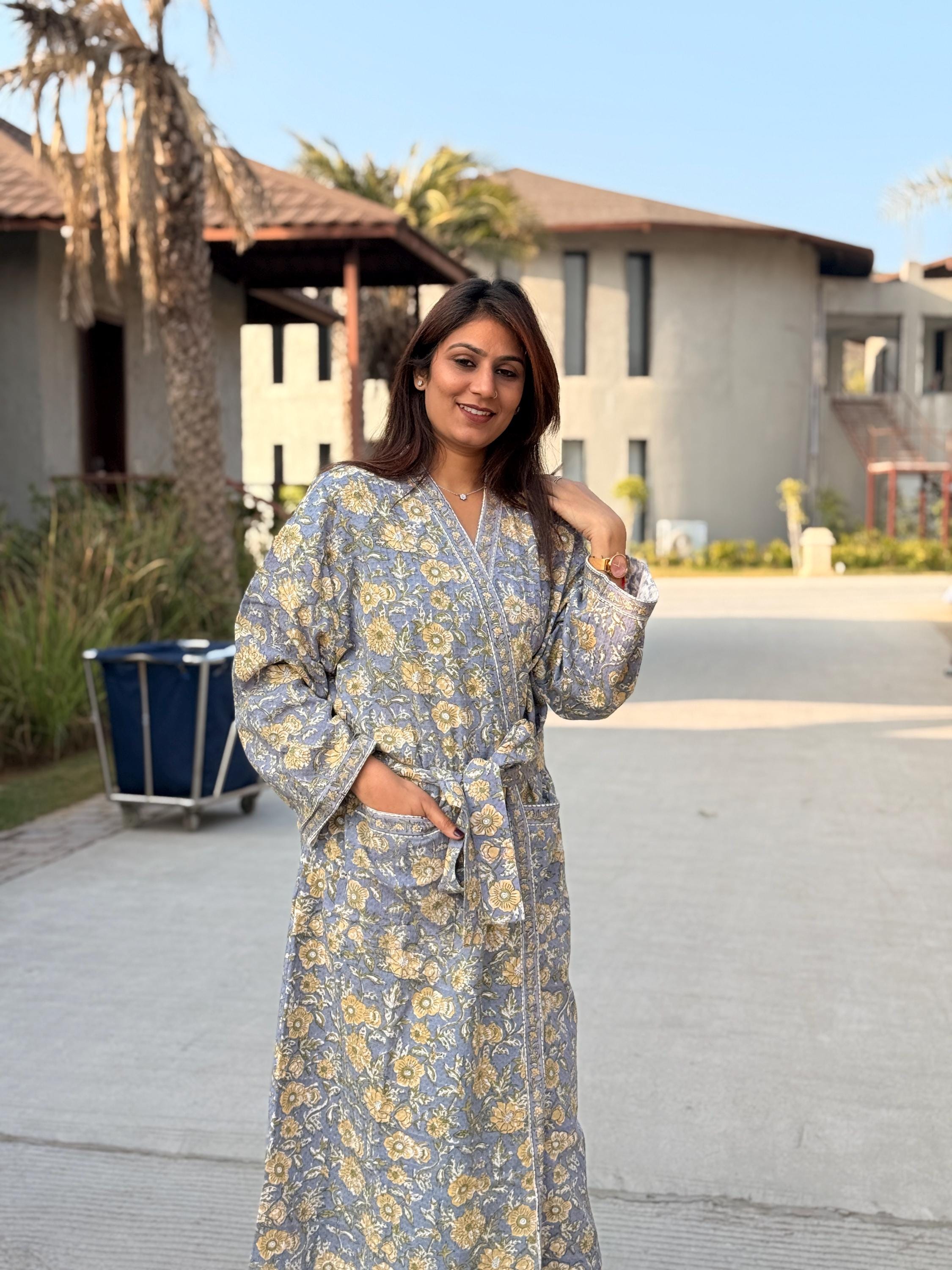 Hand Block Print Cotton Waffle Robe, Floral Kimono Loungewear
