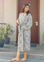 Hand Block Print Cotton Waffle Robe, Floral Kimono Loungewear