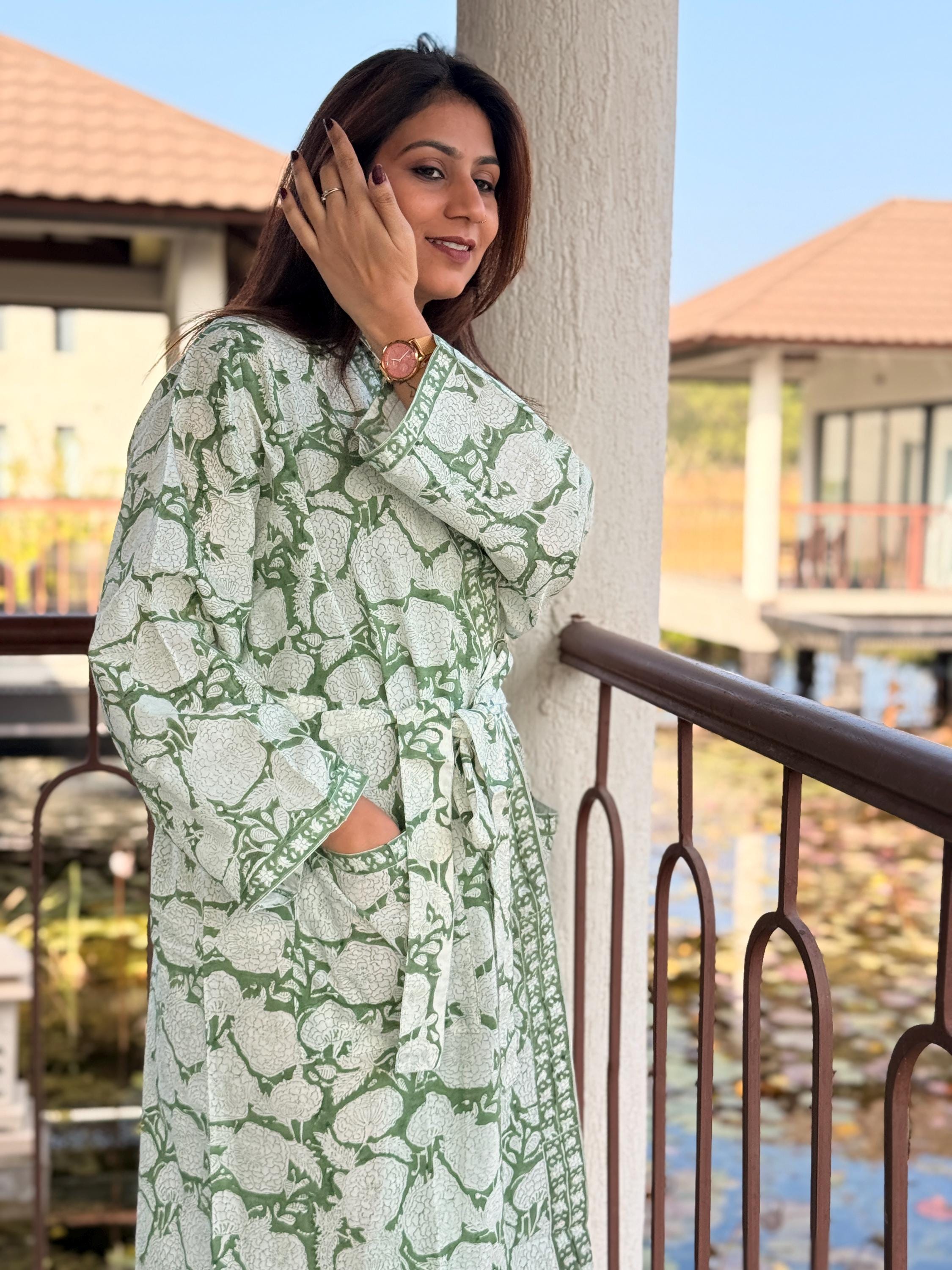 Hand Block Print Cotton Bathrobe, Natural Dye Kimono Robe, Lightweight Spa Robe, Handmade Gift for Her or Him