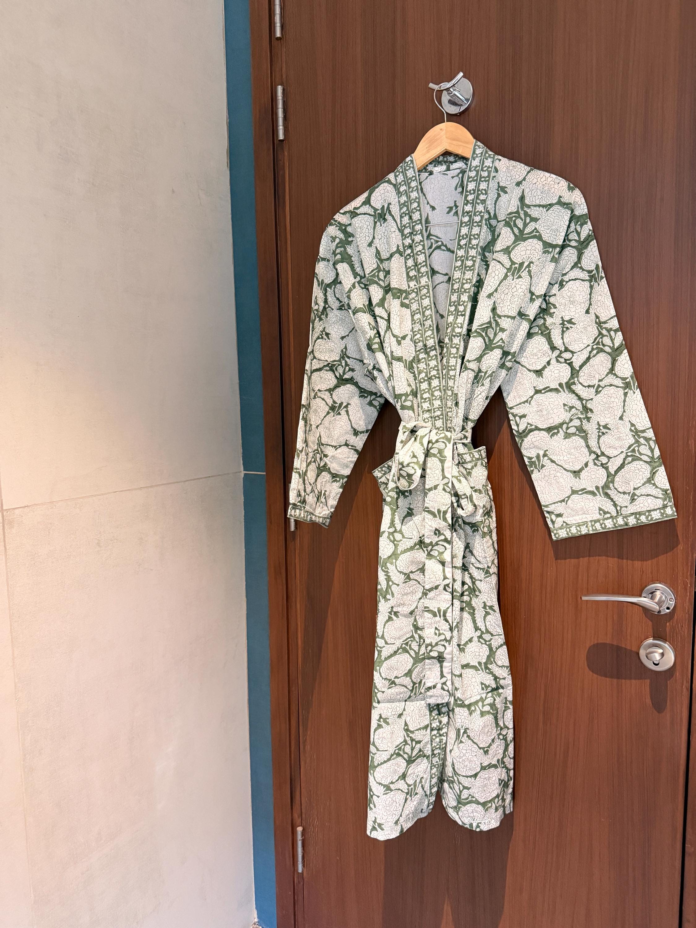 Hand Block Print Cotton Bathrobe, Natural Dye Kimono Robe, Lightweight Spa Robe, Handmade Gift for Her or Him